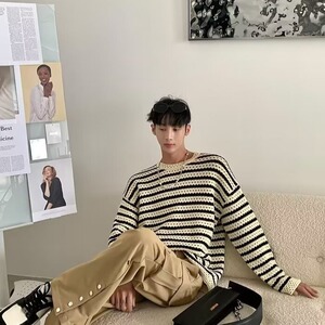2025秋季新品慵懒风圆领套头长袖针织毛衣男条纹镂空帅气毛衣打底图片