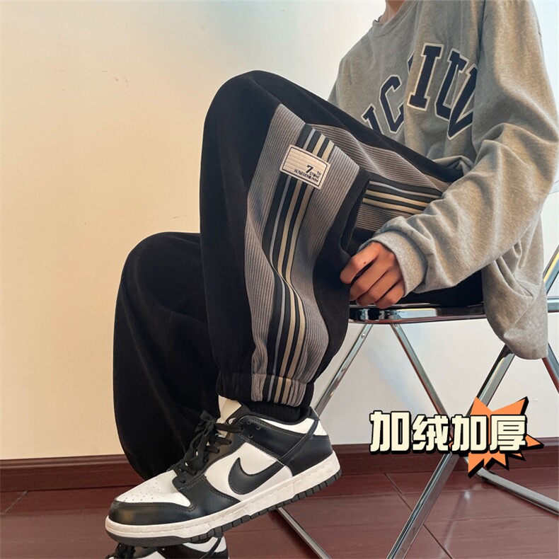 欧棉绒条纹裤子男款春秋季oversize运动卫裤大码宽松束脚休闲长裤,男装卫衣,电商C305A