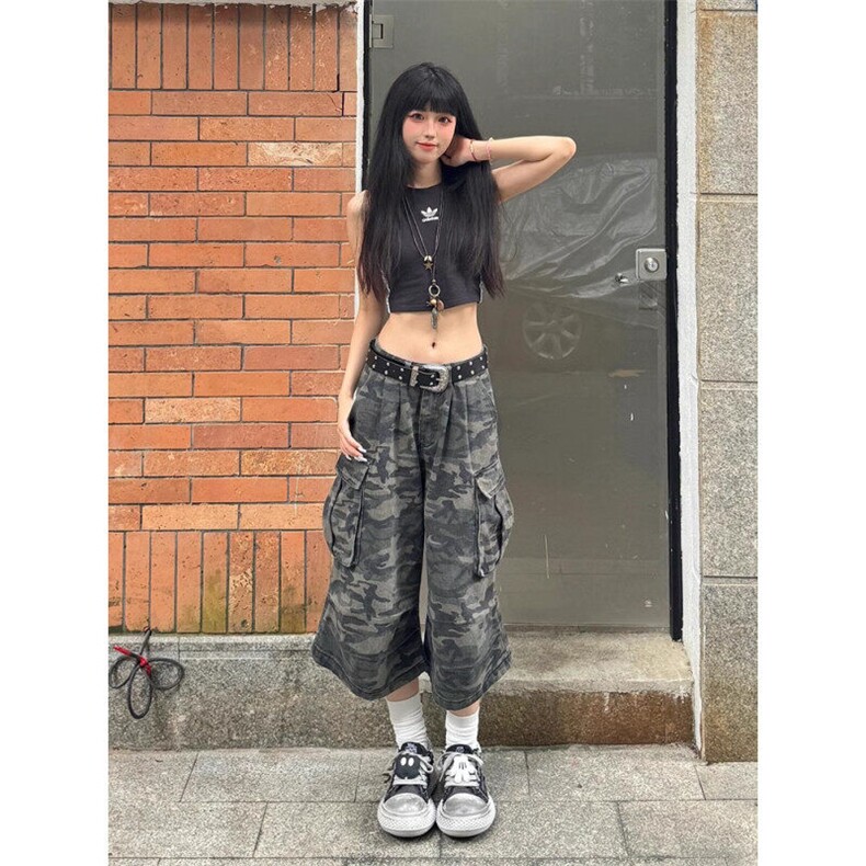美式复古迷彩阔腿牛仔裤女夏季高腰宽松工装七分裤子LN10811-p52,男装牛仔裤,星座1008