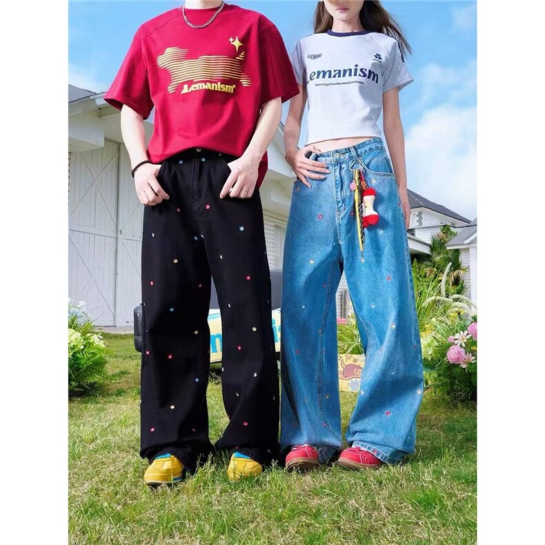 美式潮流满印花朵宽松牛仔裤男女夏季新款复古风宽松休闲阔腿裤子图片