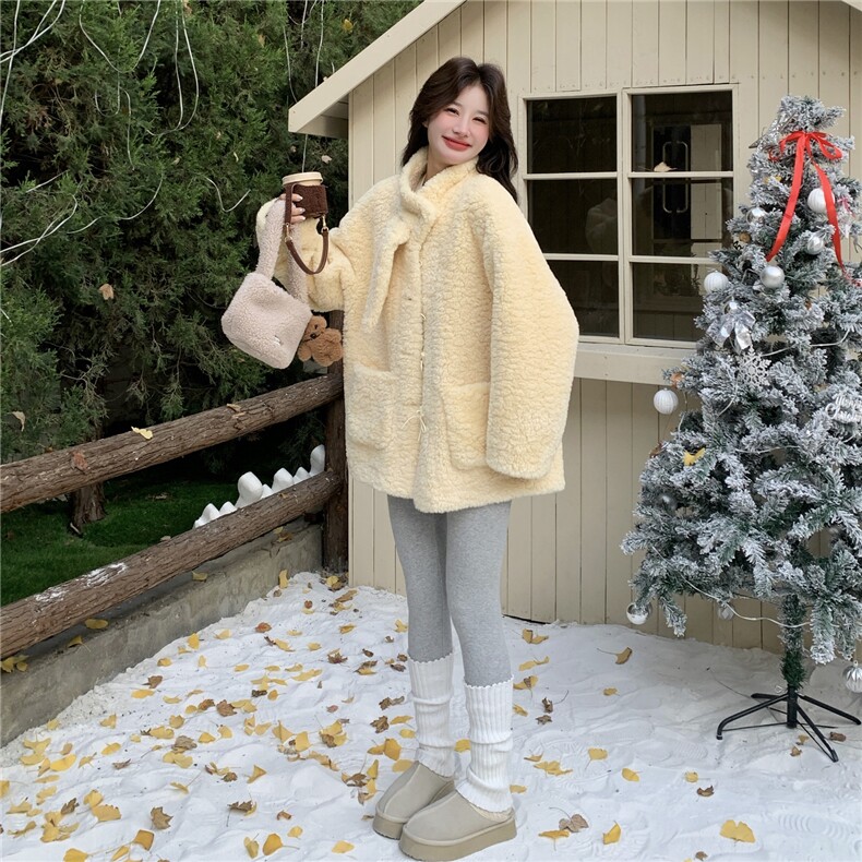 奶fufu黄色羊羔毛外套女2025年冬季新款超好看小个子加绒加厚棉服,女装皮草,2C056