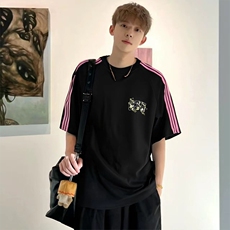 抖音得物品质二开240克宽松纯棉美式潮牌印花三条杠中性风短袖T恤，男装T恤，电商A486