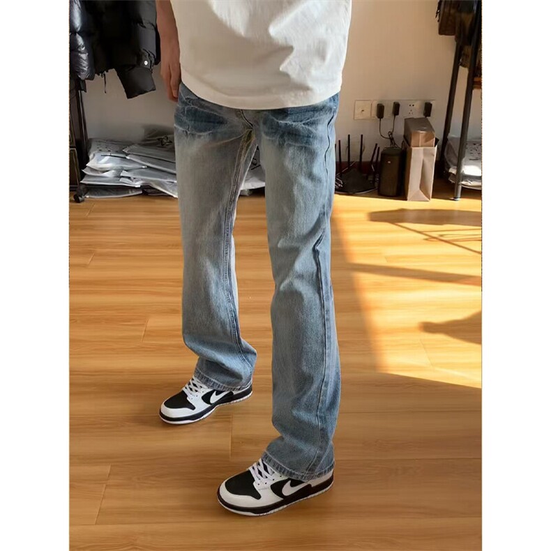 美式闪电纹牛仔裤男秋冬高街修身显瘦窄版直筒裤子高腰提档微喇裤,男装牛仔裤,星座1007（原301D）