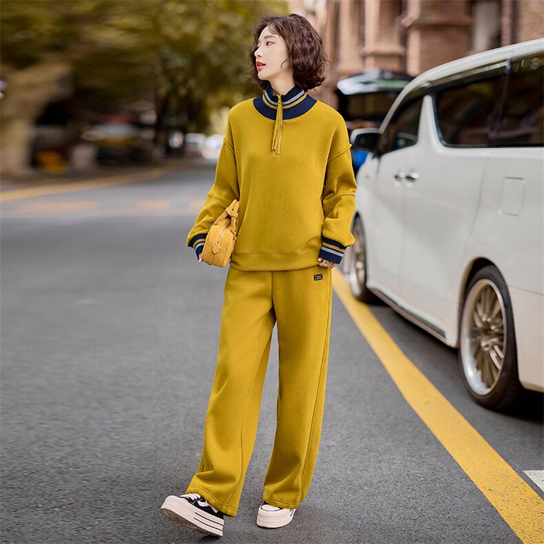 姜黄色休闲运动女秋冬高级感欧货加绒加厚减龄立领卫衣,女装卫衣/绒衫,梦懿尔