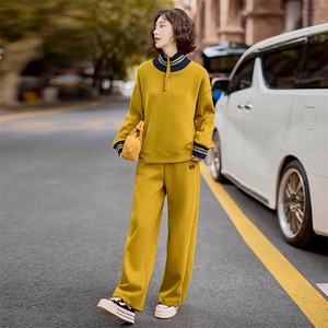 姜黄色休闲运动女秋冬高级感欧货加绒加厚减龄立领卫衣图片