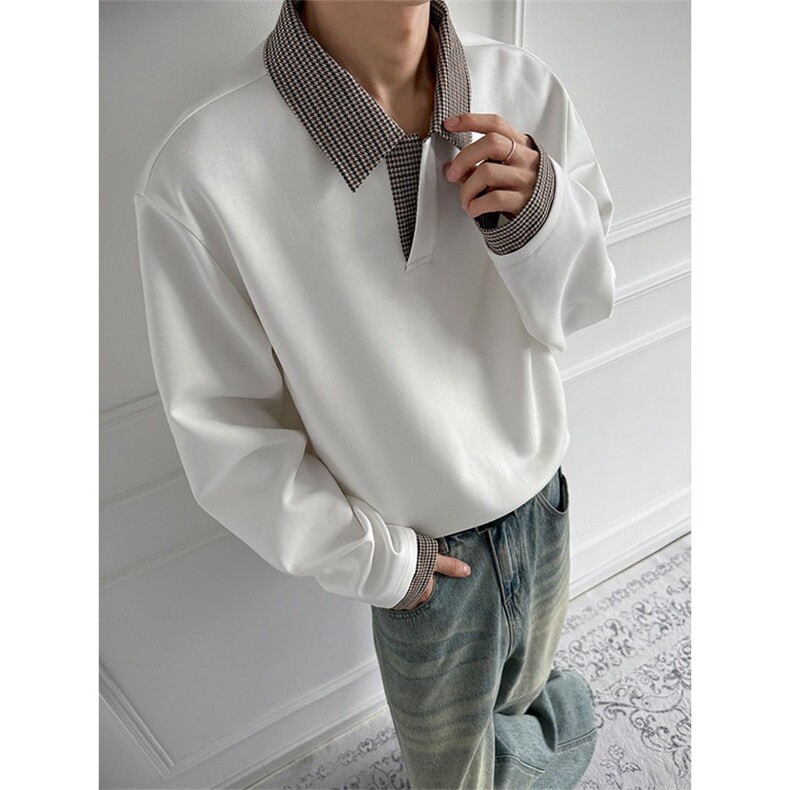 白色cleanfit千鸟格重磅长袖T恤男美式内搭打底衫翻领Polo衫卫衣，男装Polo衫，星座1210-1