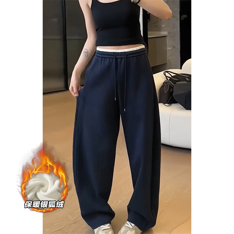 藏青色美式弯刀卫裤男秋季运动垂感直筒裤子慵懒风宽松阔腿休闲裤,男装休闲裤,电商A001-1