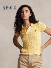 POLOWALK绞花短袖针织衫女士短款显瘦修身气质翻领毛衣女，女装T恤，织己羊绒