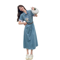 新中式国风牛仔连衣裙女2025年夏季新款高级感刺绣气质收腰衬衫裙，女装连衣裙，慧尚2-185