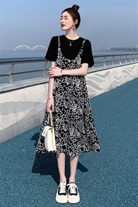【现货！！闪电发货】2022夏季新款时尚假两件显瘦连衣裙图片