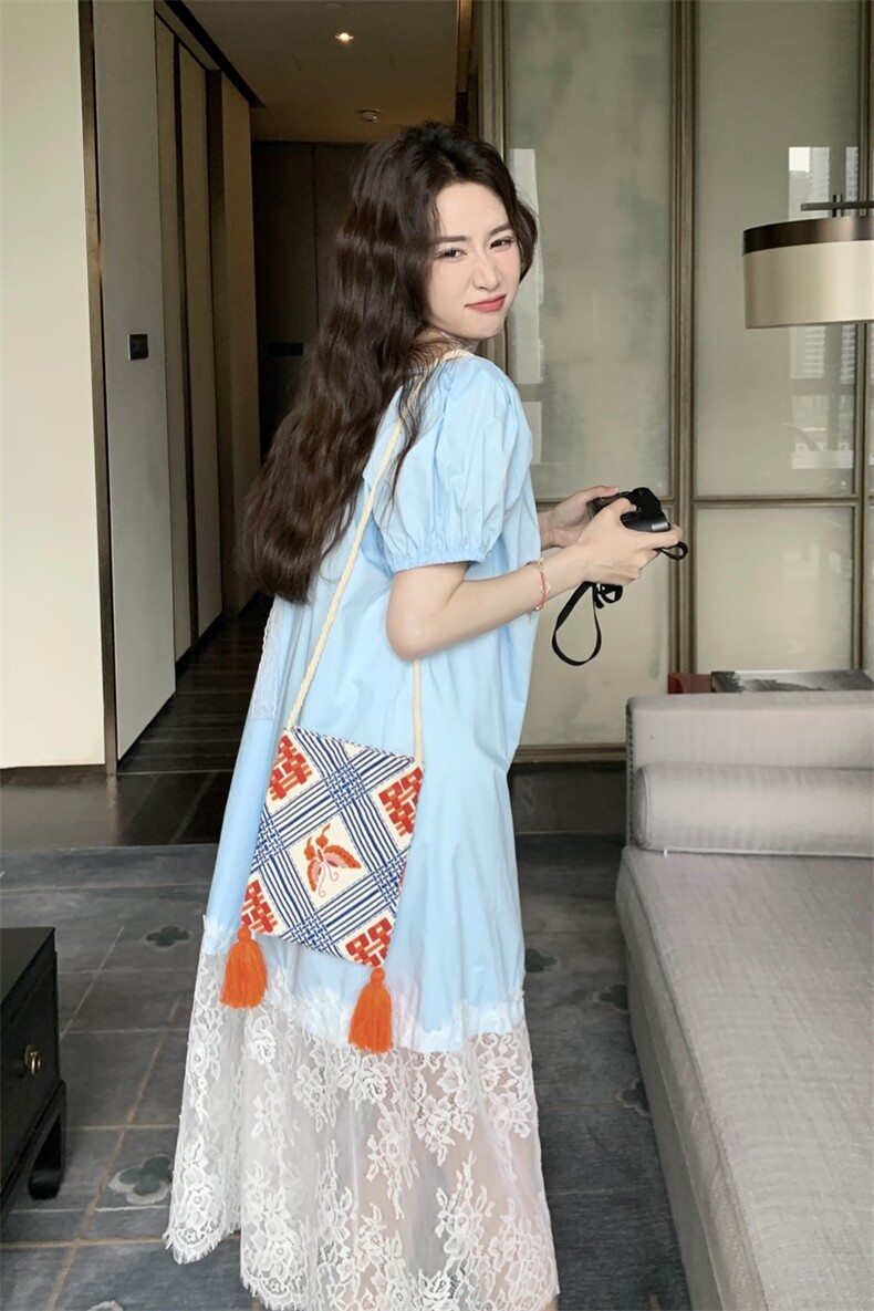 蓝色衬衫连衣裙女夏季2025新款高级感超好看宽松减龄网纱拼接裙子,女装连衣裙,2C353