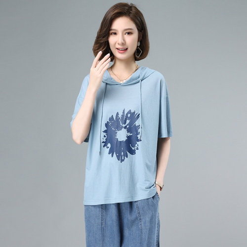 2023夏季新款简约时尚气质连帽宽松休闲舒适印花上衣，女装卫衣/绒衫，独衣靓