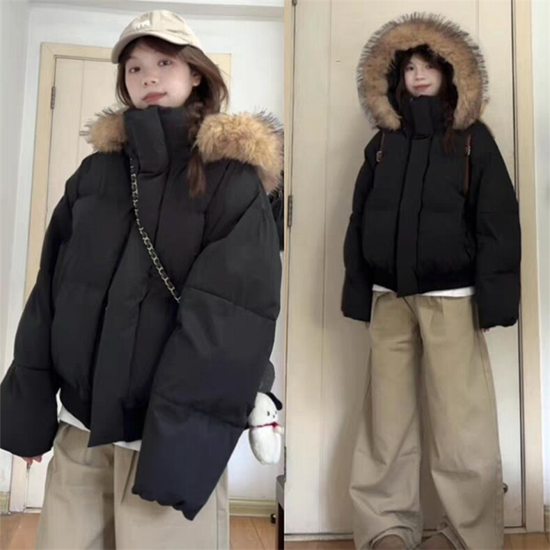 现货三防重磅硬挺boxy短款羽绒棉衣座山雕大毛毛领PU皮棉服外套冬,男装棉衣,电商A443