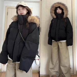 现货三防重磅硬挺boxy短款羽绒棉衣座山雕大毛毛领PU皮棉服外套冬