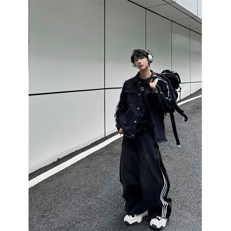 新款拉链拼接三条杠阔腿宽松百搭牛仔裤X1002-1-NZ2325P75控98，男装牛仔裤，星座1002-1