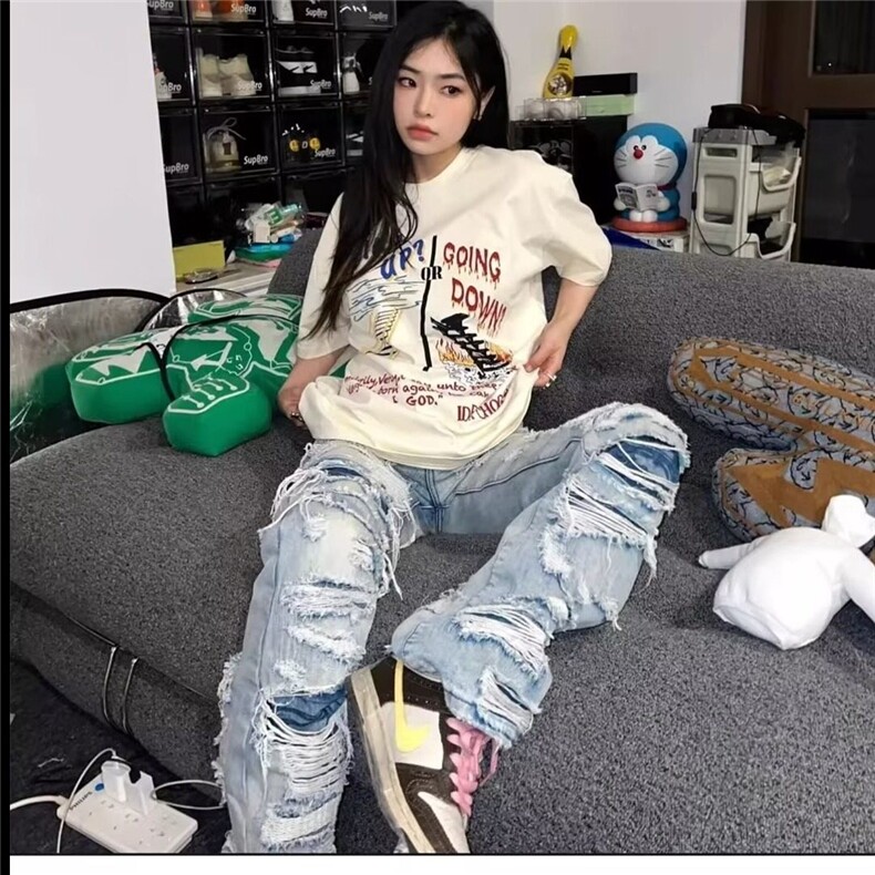 美式水洗裤子高街复古破洞牛仔裤夏季直筒宽松高级感乞丐裤,男装牛仔裤,星座218-1（原230）
