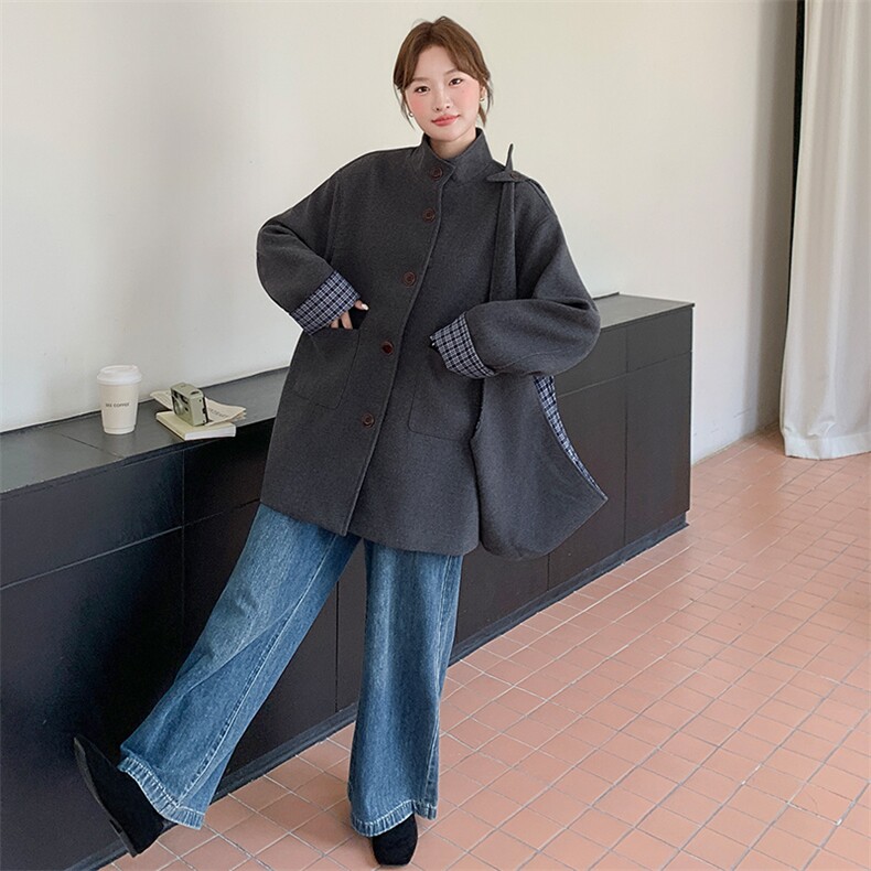 韩系格子拼接毛呢外套女2025冬季宽松显瘦中长款大衣,女装毛呢外套,纯色衣恋