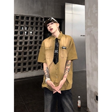 美式复古潮牌水洗设计感短袖衬衫男女粉色学院风磨白衬衣，男装衬衫，星座410-7