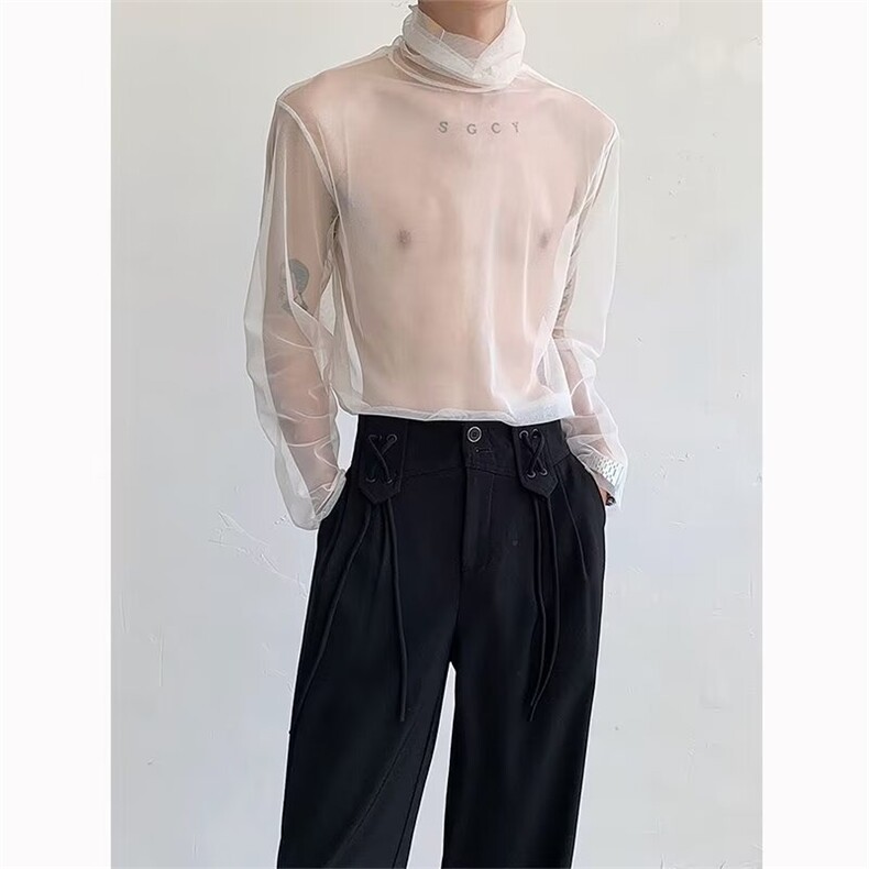 高级感堆堆领网纱打底衫男士夏季长袖防晒衣镂空禁欲系设计感上衣，男装防晒衣，星座1210-1