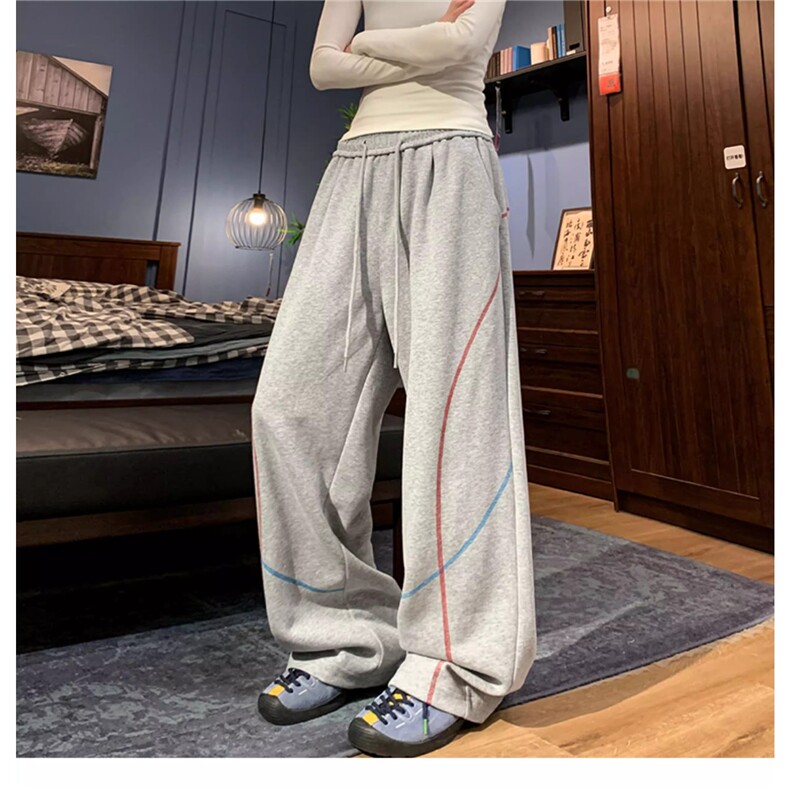 潮牌慵懒风藏青色哈苏线弯刀卫裤女男秋季阔腿休闲裤设计感运动裤，女装休闲裤，星座1210-1