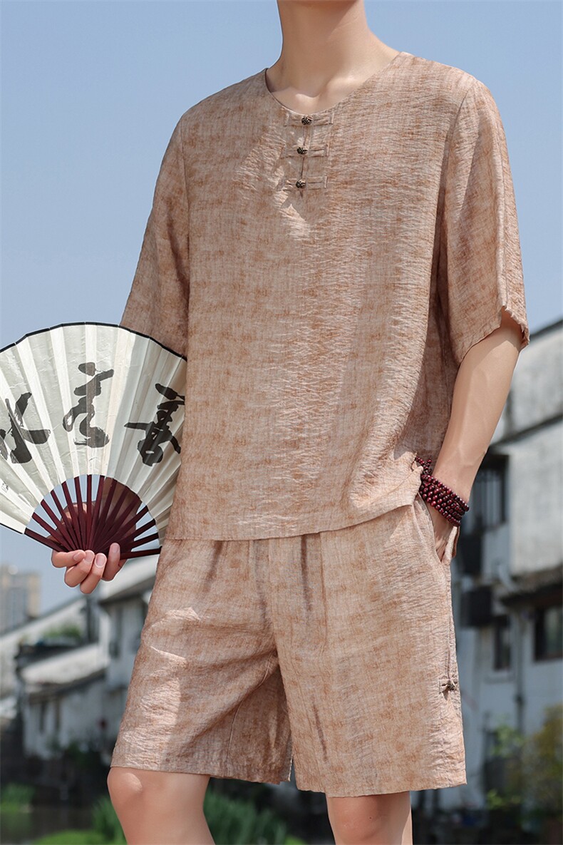 2025夏季新款男装风冰丝竹叶印花盘扣套装短袖+短裤A105-P80,男装休闲套装,电商B277(原6028)