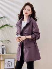 风衣女中长款2025新款宽松显瘦收腰减龄连帽休闲早春外套女春秋款，女装风衣，依万里