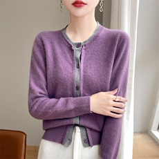 羊毛衫女圆领拼色针织开衫春装新款宽松毛衣外套，女装羊毛衫，九嘉羊绒