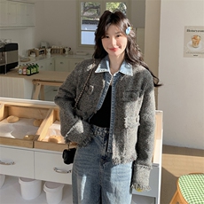 灰色设计感假两件温柔氛围感小香风上衣女秋新款小个子显瘦短外套，女装短外套，2C332