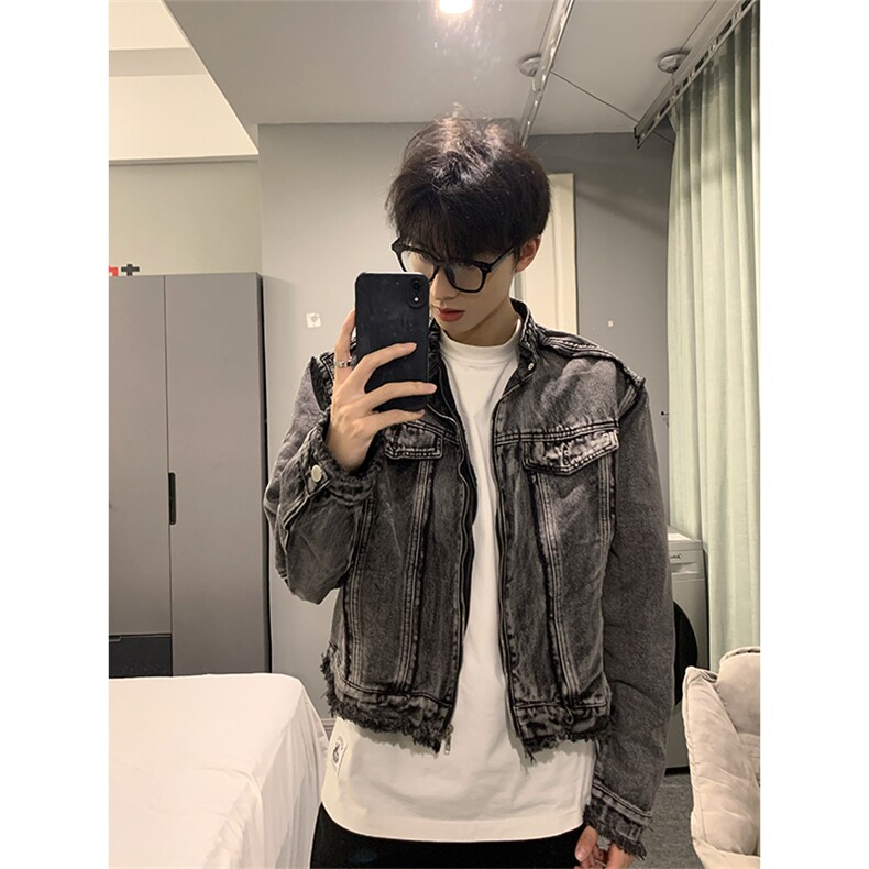 【自家图】现货春季美式毛边牛仔外套欧美街头垫肩复古短款夹克,男装工装外套,星座301D-2(原星座1004-1）