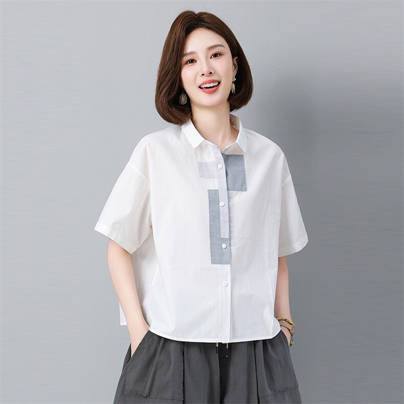 纯棉短袖衬衫女夏季2025年新款中年妈妈大码宽松休闲撞色翻领上衣,女装衬衫,秋牧寒烟