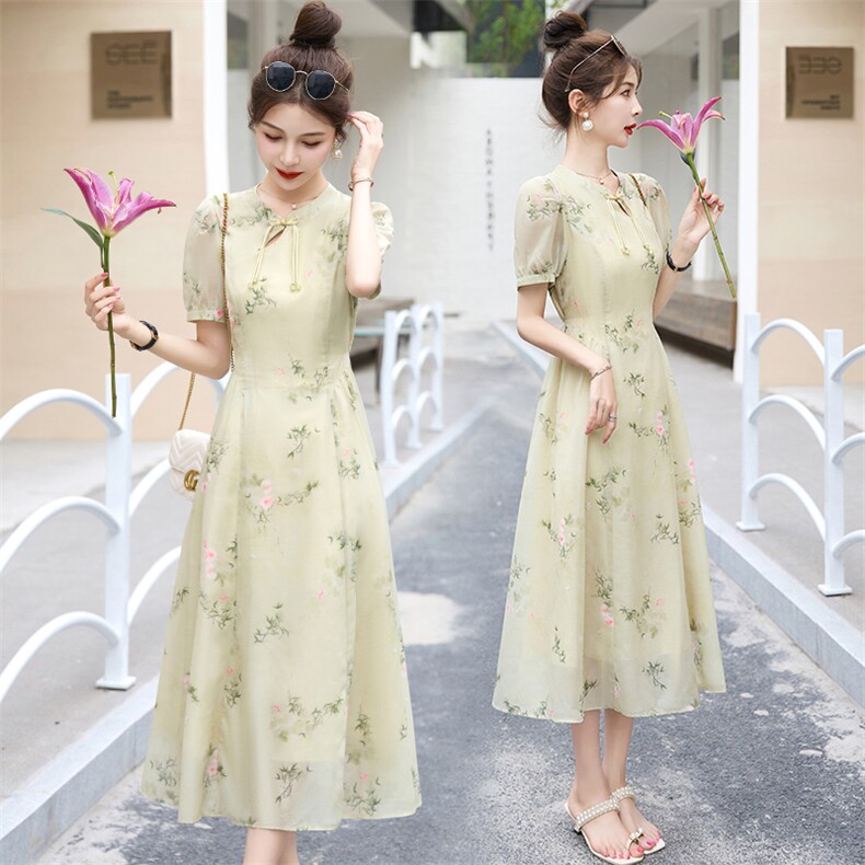 现货新款改良版真丝旗袍连衣裙夏季新款年轻款短袖连衣裙，女装连衣裙，丽美静依