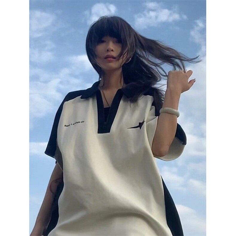 美式学院风撞色拼接polo领短袖T恤女宽松休闲情侣上衣PLD2299-P30,男装T恤,星座1008