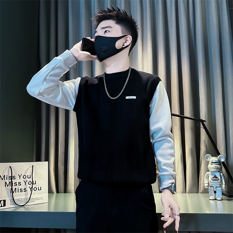 加绒毛衣男针织衫痞帅炸街拼接社会小伙店主风301C-M81-P98-控138,男装针织衫/毛衣,星座301C（原B323）