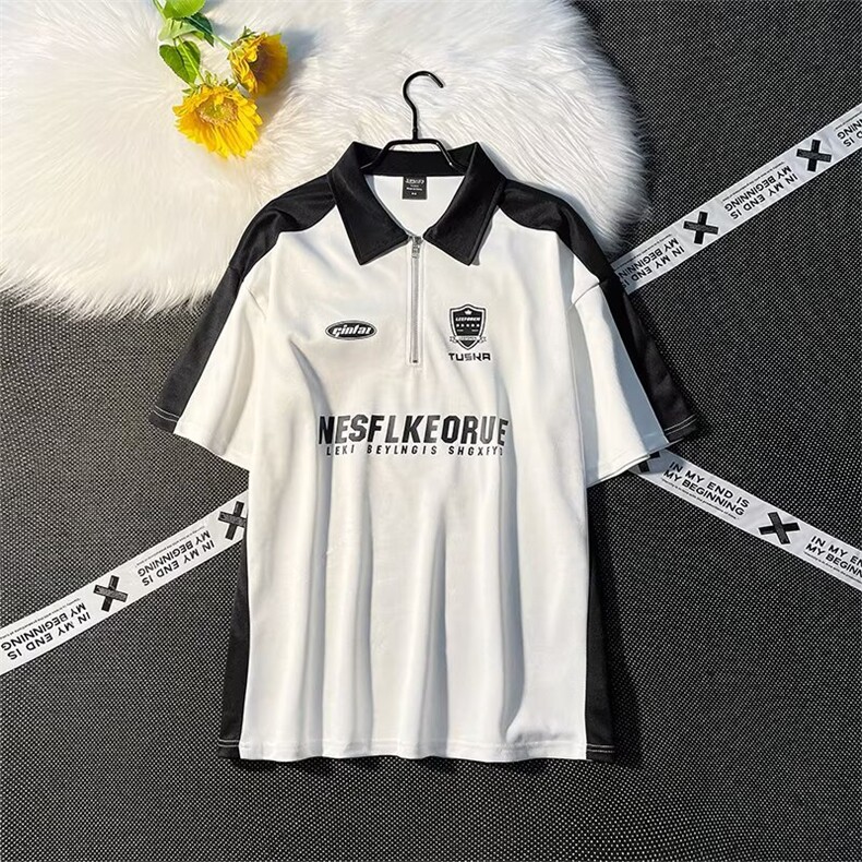 夏季polo衫短袖t恤男美式复古街头宽松拼接撞色翻领体恤PL48P34,男装T恤,星座1013-5