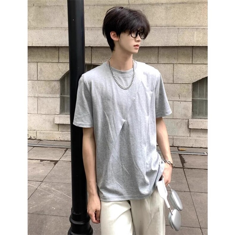 斜褶短袖T恤曼巴棉空气层设计感圆领体恤上衣T261-P35,男装T恤,星座1213