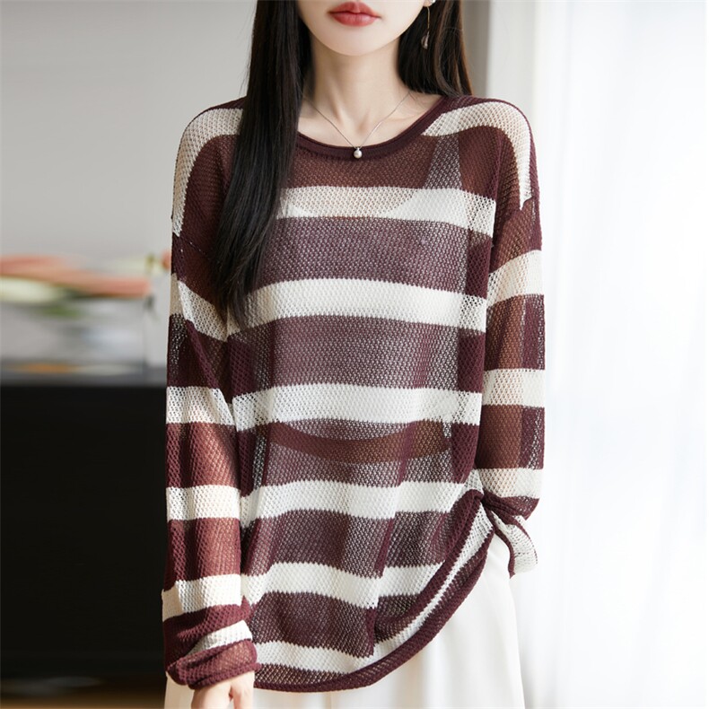 韩版宽松圆领撞色镂空条纹针织衫女天丝亚麻长袖毛衣慵懒防晒罩衫，女装蕾丝衫/雪纺衫，东远绒业