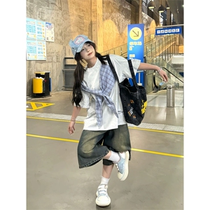 网图有货 美式复古蝴蝶结格子绑带短袖T恤男女情侣上衣 A633-P38图片