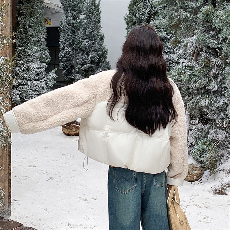羊羔毛拼接白色羽绒服女冬超火好看高级小众独特漂亮短款加厚外套,女装羽绒服,2C317A