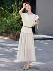 法式一字领高级感上衣+不规则裙摆半身裙两件套送腰带，女装套装/套裙，采品优优