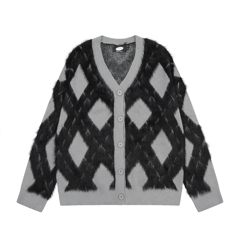 美式秋冬V领开衫针织衫男女风格慵懒风格覆古情侣宽松针织衫夹克，男装针织衫/毛衣，星座506A