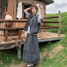 灰色甜酷设计感马甲上衣套装裙女2025夏新款休闲T恤半身裙三件套，女装套装/套裙，2C122
