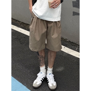 夏季宽松休闲日系卡其色短裤百搭打褶松紧腰阔腿五分裤 K3303图片