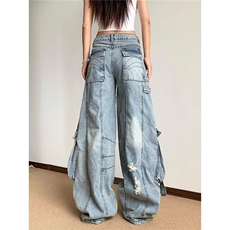 大码美式辣妹重工口袋工装牛仔裤女2025解构设计拖地裤RK3089-P78，男装牛仔裤，星座412-1