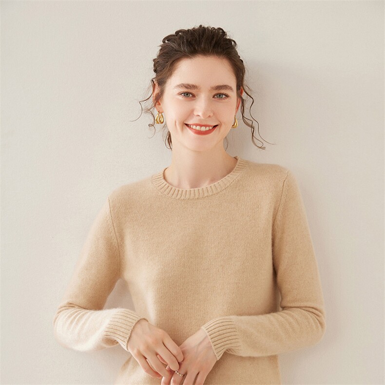 爆款！双股加厚圆领山羊绒衫女秋冬季套头毛衣短款宽松纯色打底衫，女装羊绒衫，濮尚羊绒