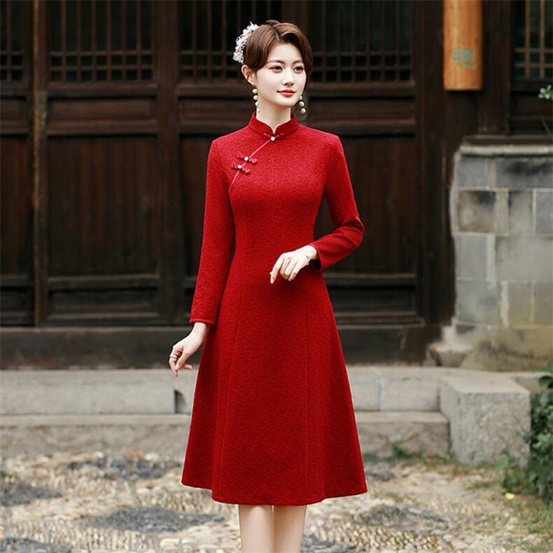 新中式风加厚弹力复合蕾丝提花长袖旗袍2553P135,女装汉服/婚纱/旗袍/礼服,乐衣轩