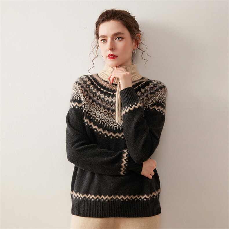 费尔岛提花100%山羊绒衫女宽松半拉链立领加厚毛衣2025秋冬针织衫，女装羊绒衫，绒盛美羊绒