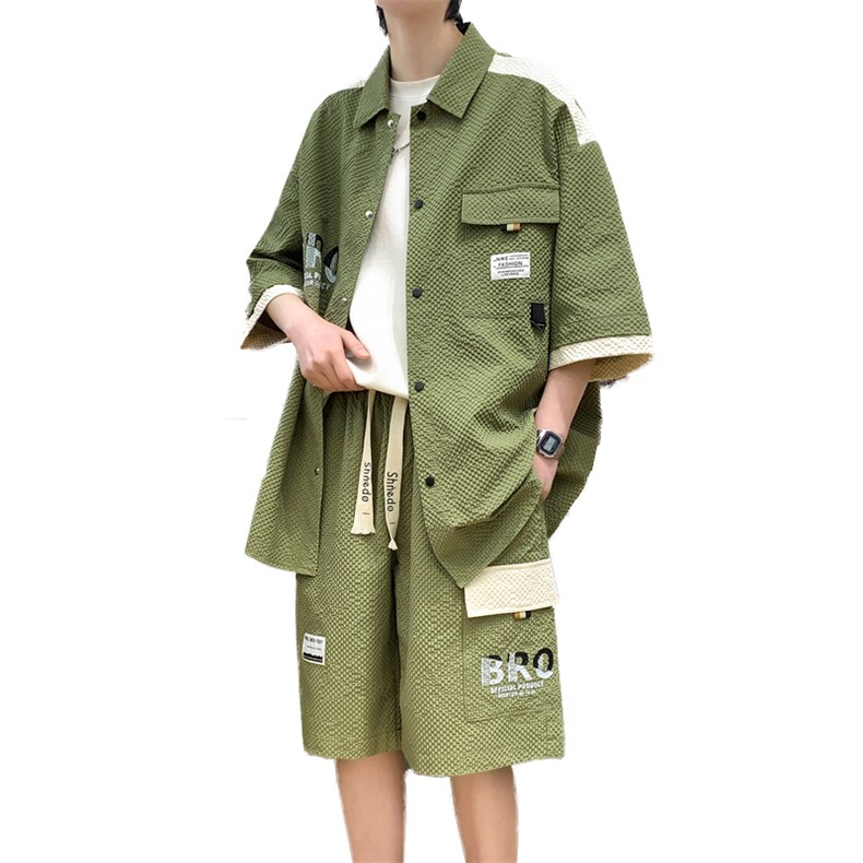 夏季潮流玉米格开衫宽松短袖衬衣短裤帅气港风套装A436-D219-P60,男装休闲套装,电商A436