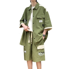 夏季潮流玉米格开衫宽松短袖衬衣短裤帅气港风套装A436-D219-P60，男装休闲套装，电商A436