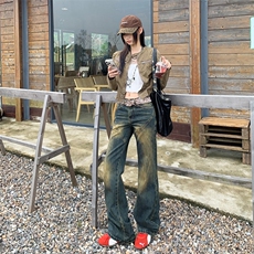 美式复古高腰微喇牛仔裤女2025秋季重工水洗不贴腿宽松显瘦阔腿裤，男装牛仔裤，星座506A