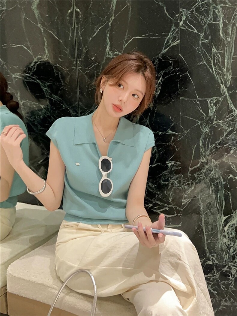夏季新款简约四色亮片女polo衫宽松百搭显瘦时尚休闲上衣,女装T恤,沐策羊绒